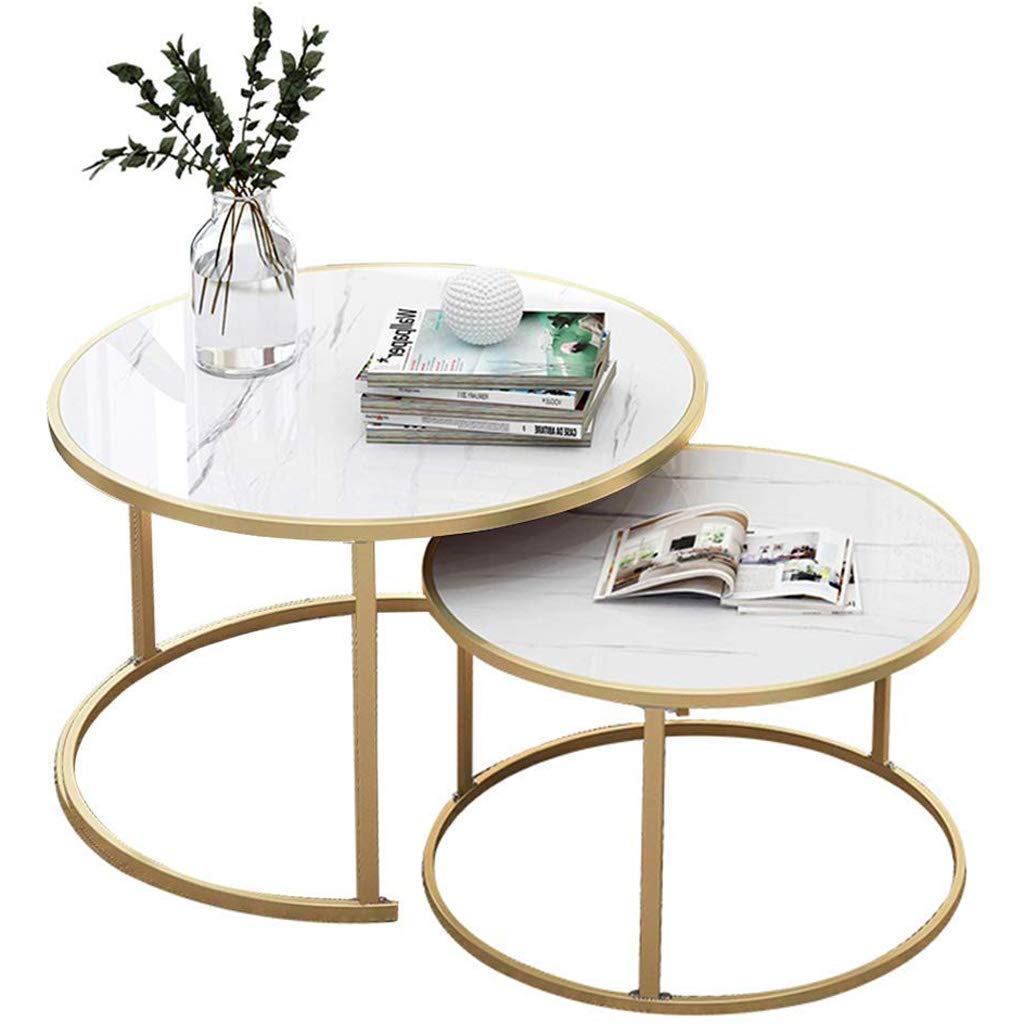 Lot de 2 tables gigognes modernes blanches/dorées avec panneaux à base de bois et base en métal