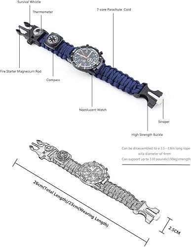 Miniatura 3 de MansWill Pulsera de supervivencia deportiva 16 en 1, 7 núcleos, cuerda de paracaídas, resistente al agua, reloj de emergencia, herramientas de