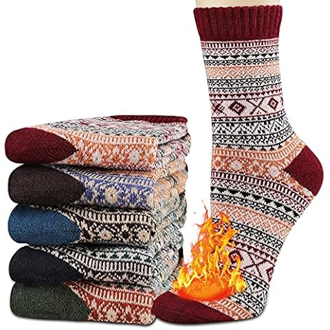 Heatuff Womens Thick Wool Socks Thermal Warm Winter Crew Socks 5 Pairs Multicolors, Multicolor 2, One Size Cover