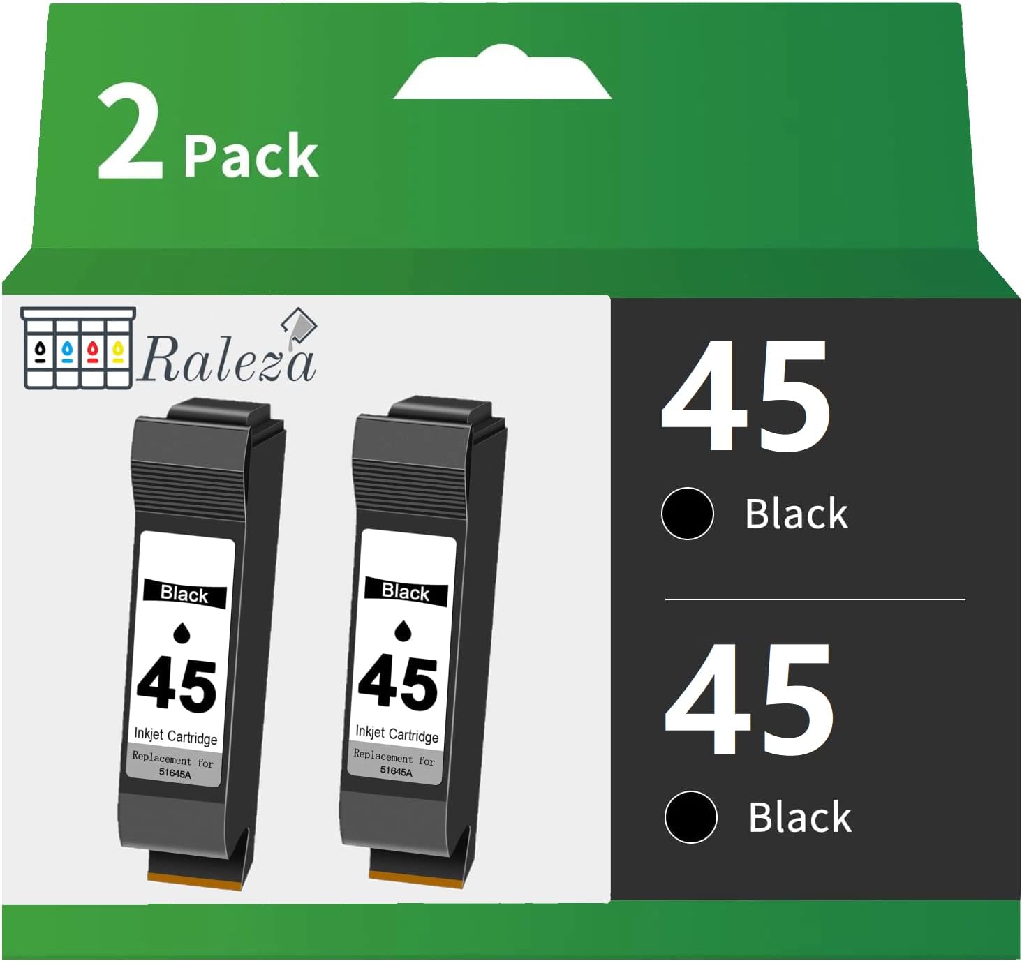 Raleza Compatible 45 Black Ink Cartridge 51645 51645A High Yield Replacement for HP Photosmart 1000 1100 1115 1215 1218 13150 4654 (2 Pack)