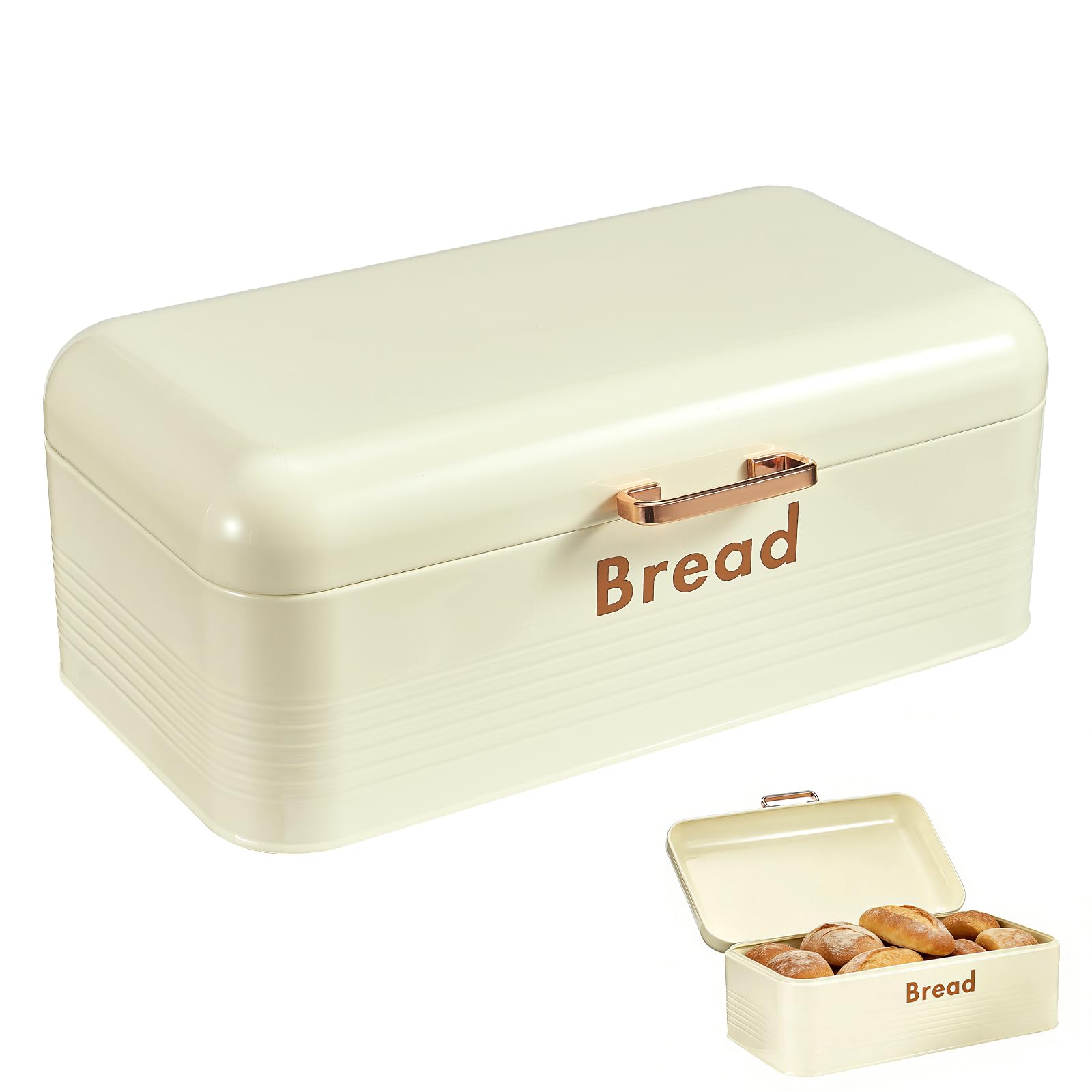 Yuecda large Metal Bread Box, Kitchen Countertop Storage with Hinged Lid Ventilated Back to keep Contents Fresher for longer(off white and Rose Gold)