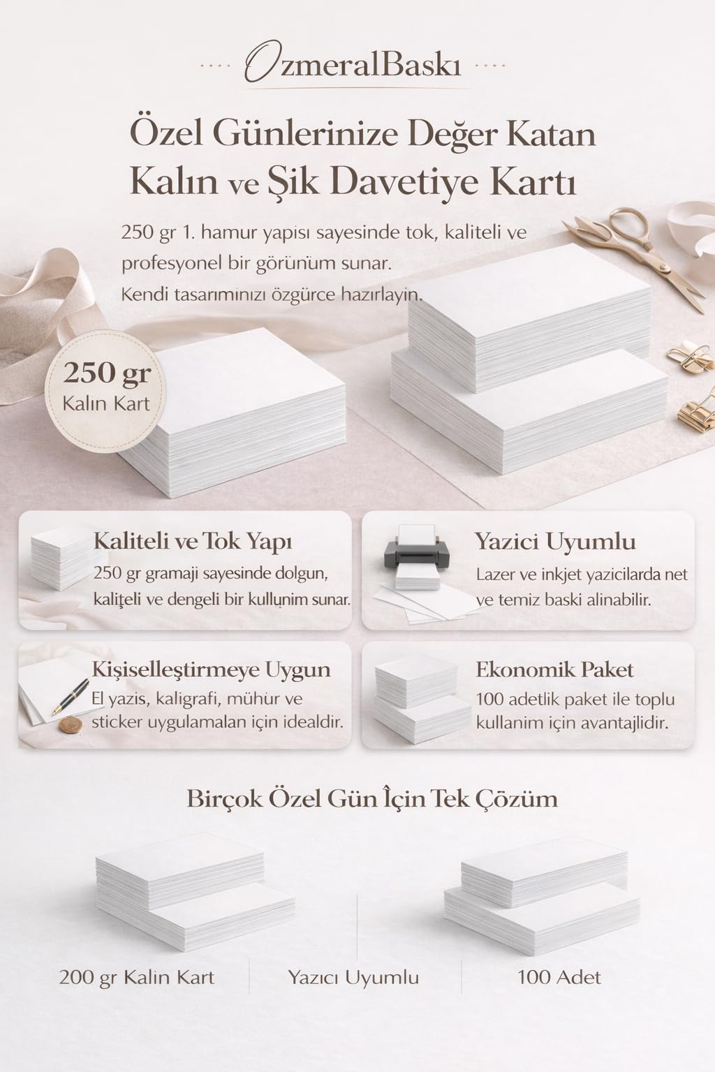 250 gr 1. Hamur Boş Davetiye Kartı 10x15 cm – Yazıcı Uyumlu Beyaz Kart – 100 Adet