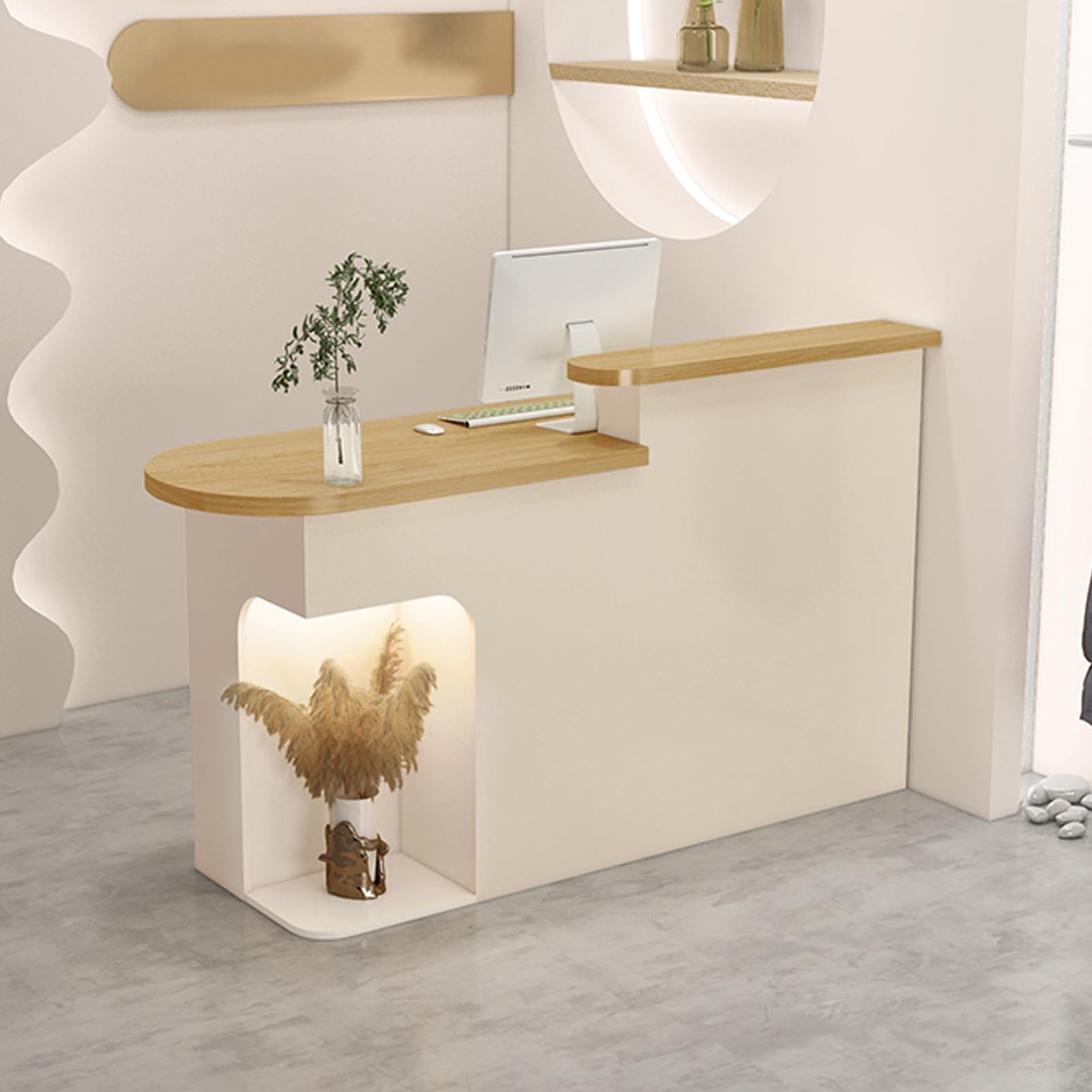 Banco Reception Moderno Con Luci LED - 80 Cm, Legno MDF, Per Negozi, Hotel, Uffici, Bianco