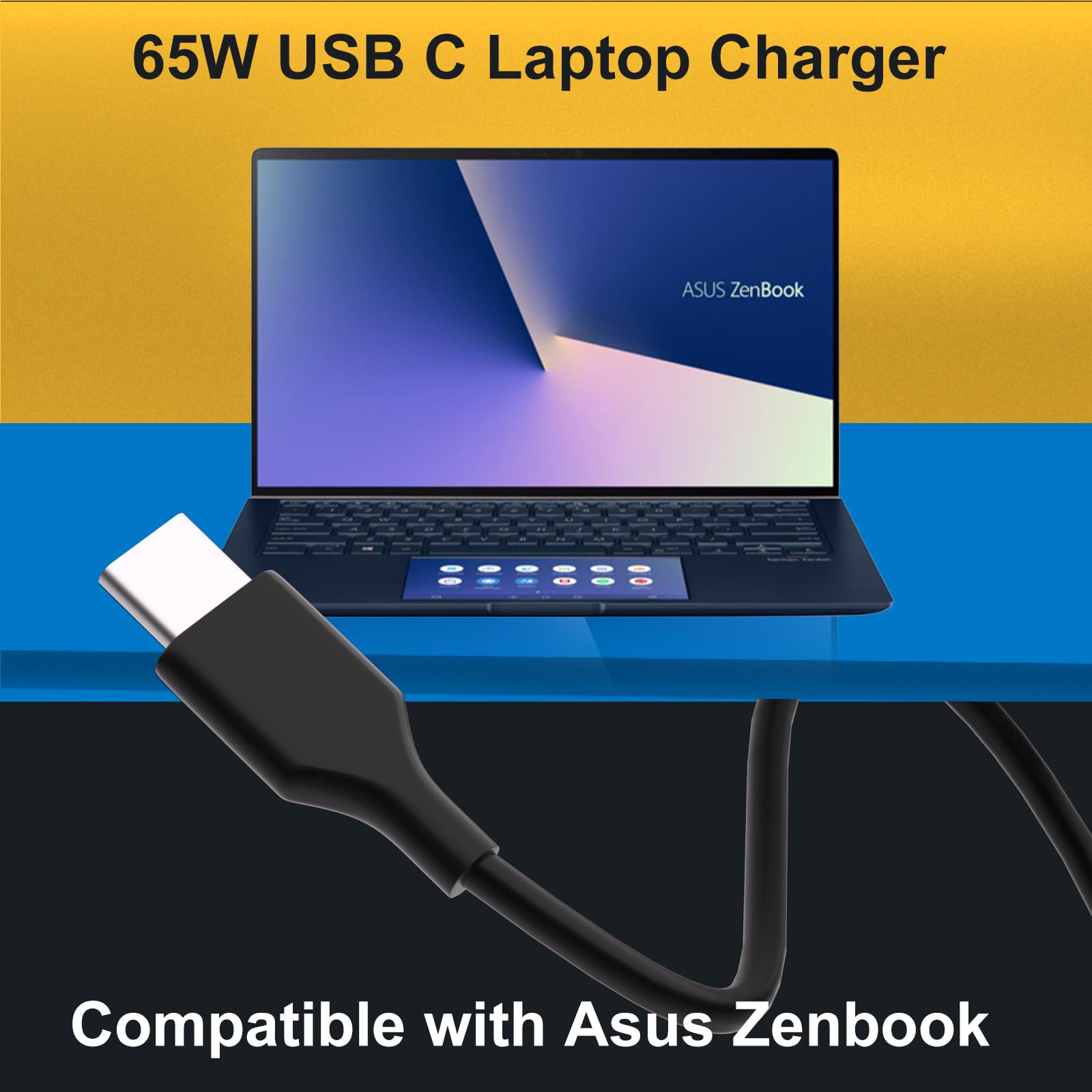 Chargeur USB C 65 W pour Ordinateur Portable Compatible avec ASUS Zenbook S16 15 14 S14 A14 13 S13 Chromebook Vivobook Expertbook C302C C213 C214 C436 C523 UX390UA UX490 UX325 UX393 UX371 Adaptateur
