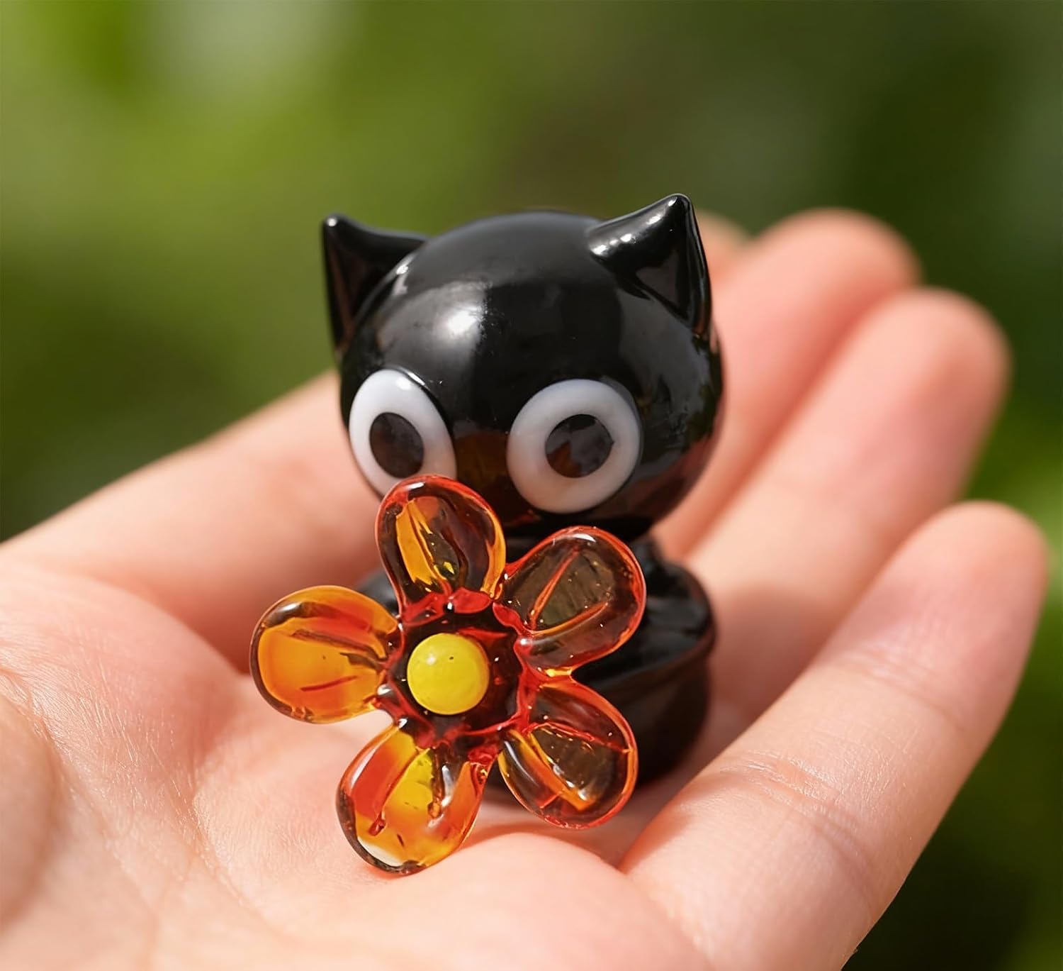Hand Blown Glass Black Cat Figurine with Orange Flower, Cute Mini Glass Cat Statue Tiny Animal Ornament for Fairy Garden Micro Landscape Desk Decor Cat Lover Gift image 3