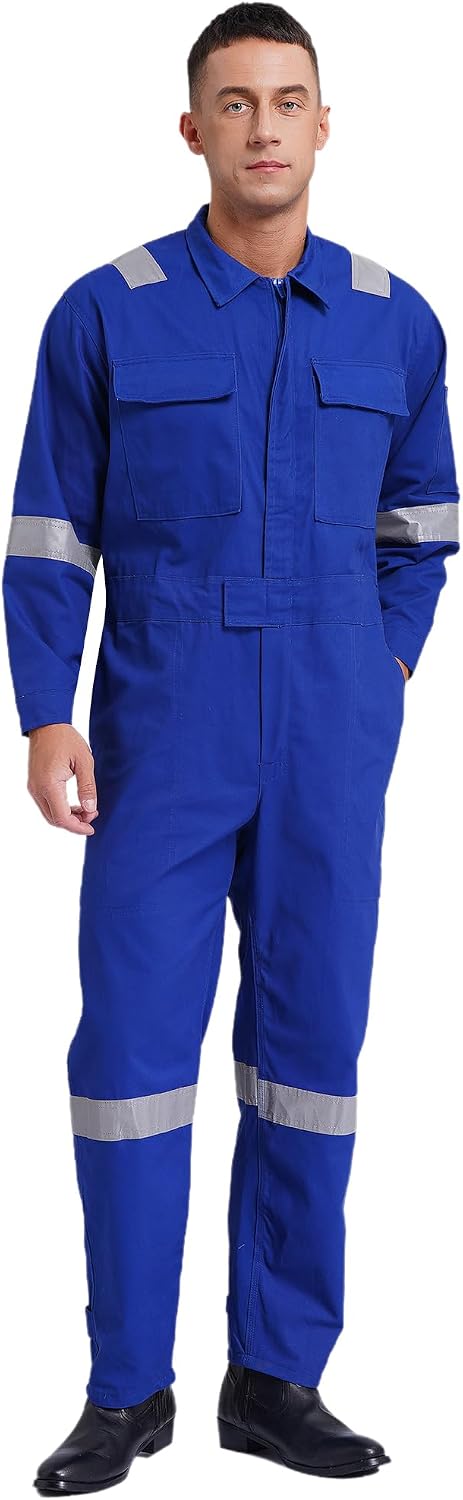 Hedmy Men Long Sleeve Reflective Coverall Mechanic Uniform Workshop Auto Workwear Work Jumpsuit