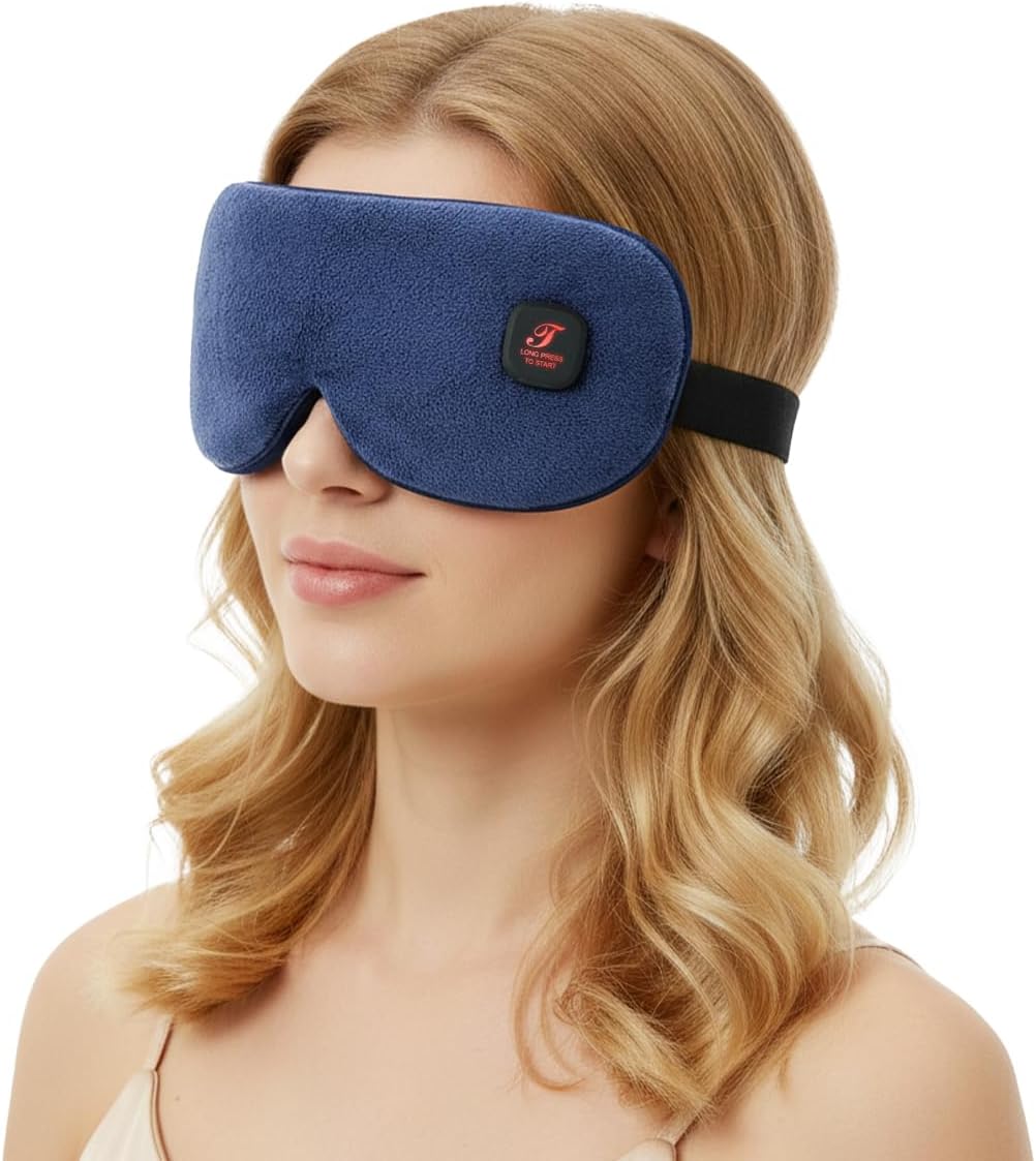 beheizte Augenmaske, Wärmebrille mit Akku ohne Kabel, 3 Wärmestufen waschbarer Bezug, Geschenke für Familie und Freunde (Dunkelblau)