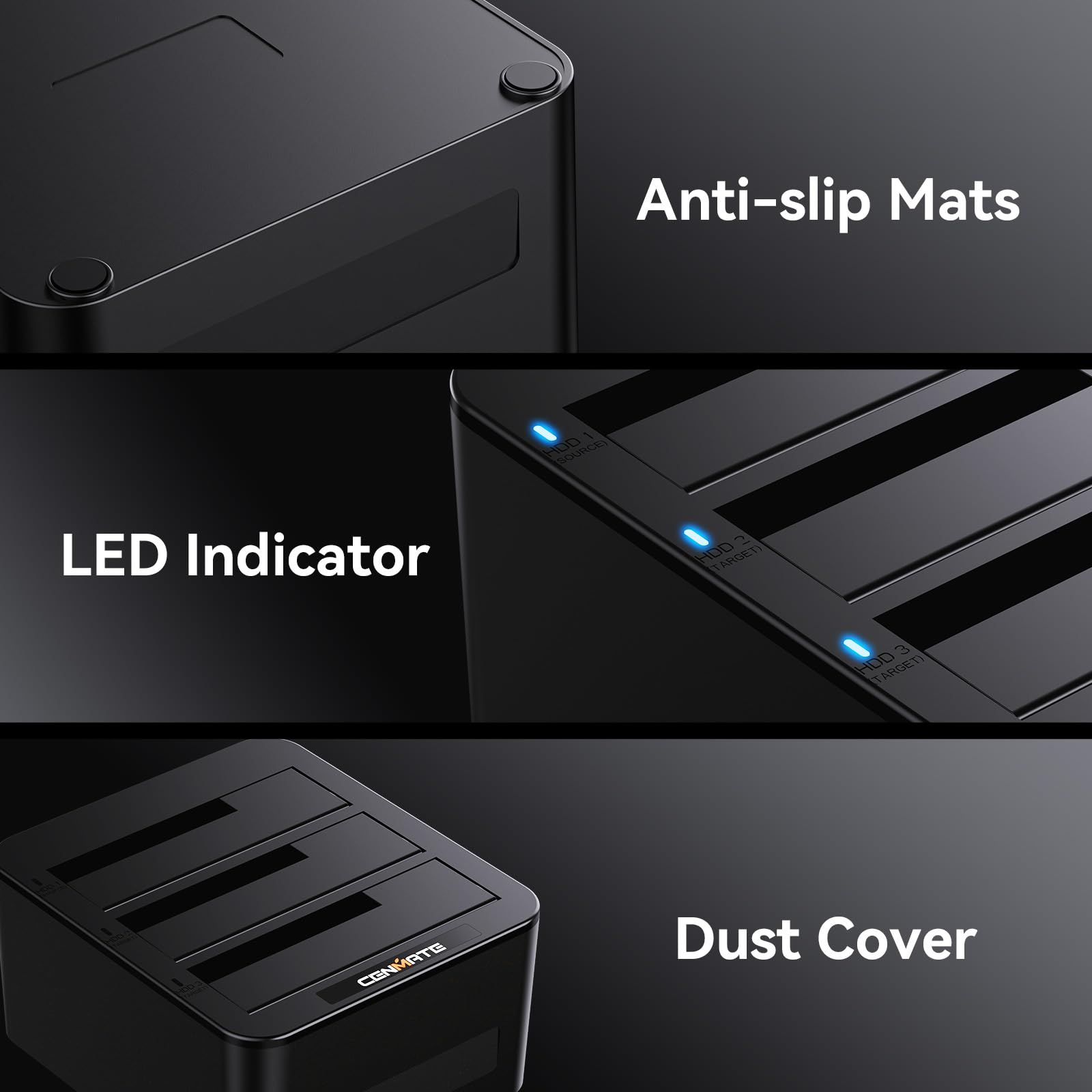 CENMATE Docking Station Hard Disk, 3 Bay Docking Station HDD per SATA SSD/HDD 2,5/3,5, Cavo USB 3.0 A/C, Supporto Hot Swap