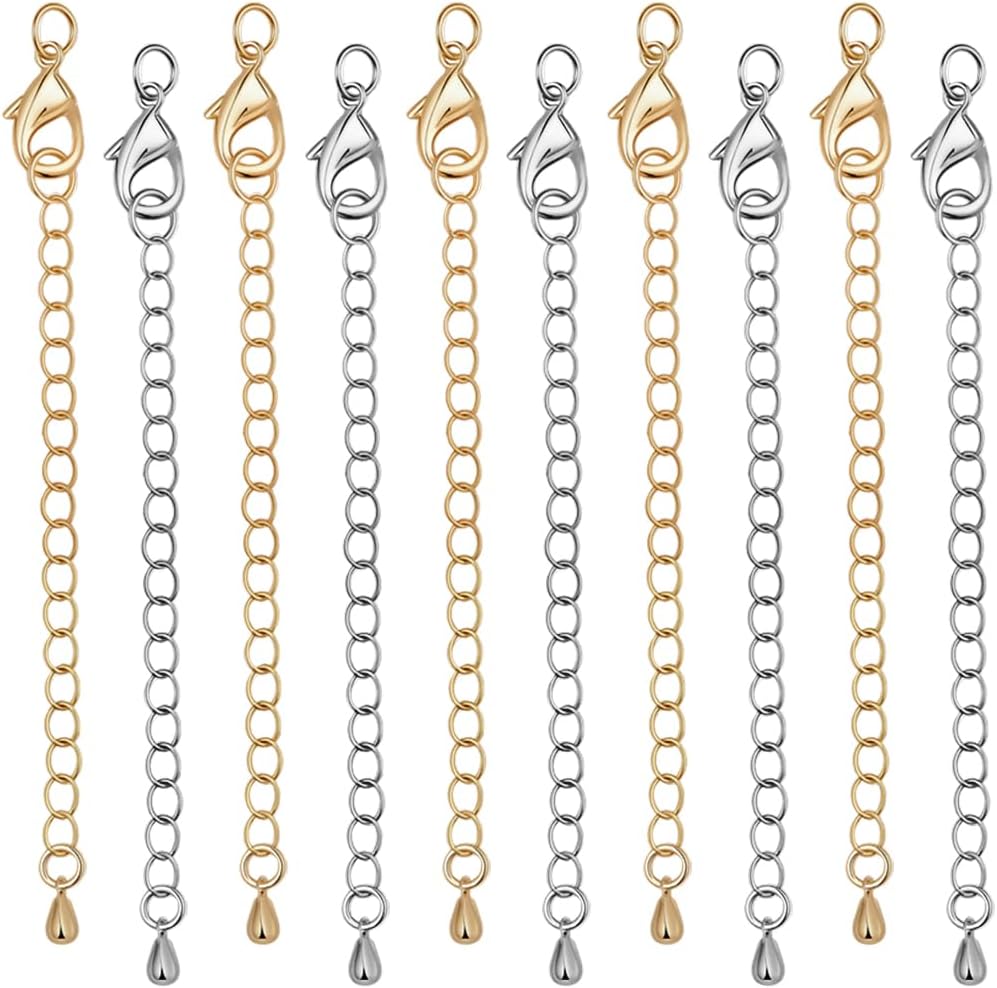 Beebeecraft 2 Colors 20Pcs Lobster Claw Clasps with Extender Chain 24K Gold & Platinum Plated Lobster Clasp Chain Extender Jewelry Extension Set for Necklace Bracelets Jewelry Making DIY Crafts