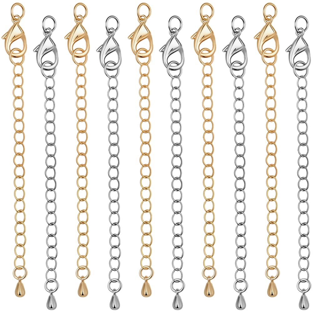 Beebeecraft 2 Colore 20 Pezzi Chiusure A Moschettone con Catena di Estensione 24K Oro e Platino Placcato Chiusura A Moschettone Catena Estensione Gioielli Set per Collane Braccialetti Creazione di