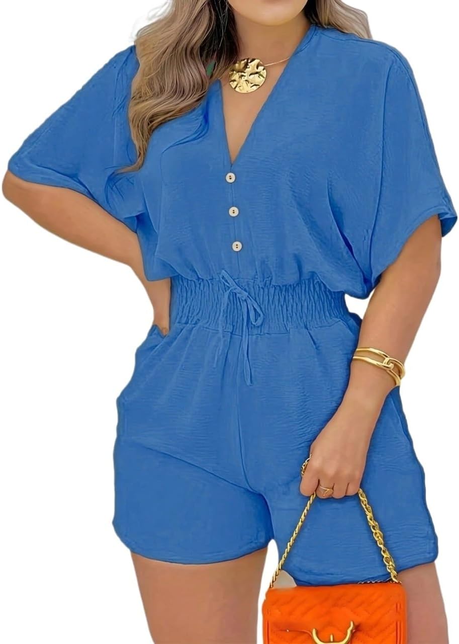 Rompers for Women Summer 2026 Shirred Button Solid Color Short Sleeve Drawstring Waist Jumpsuit