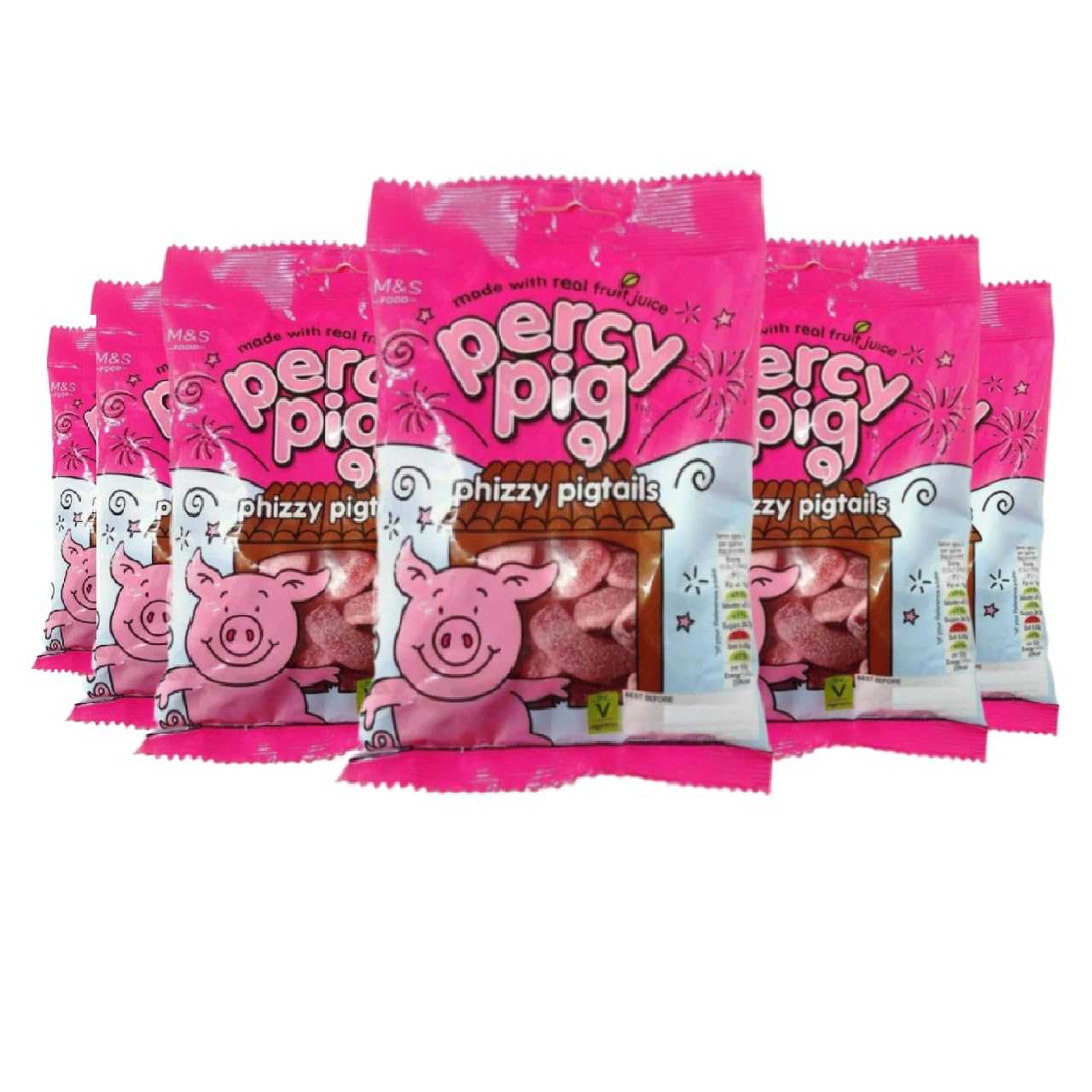 Percy Pig Phizzy Pigtails, Soft Sour Fruit Gummies, 170g (6 Pack)