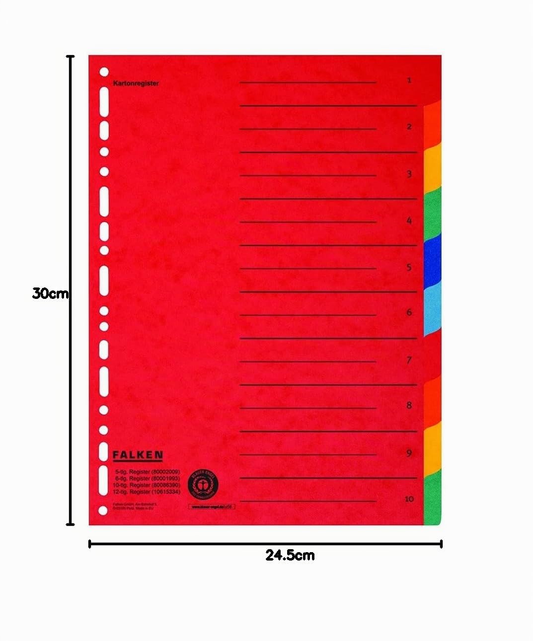 FALKEN 20x Karton-Register überbreit DIN A4+ 245 x 30 cm 10-teilig | volle Höhe mit Organisationsdruck vollfarbig 2 x 5 Farben zur Ablage von Prospekthüllen