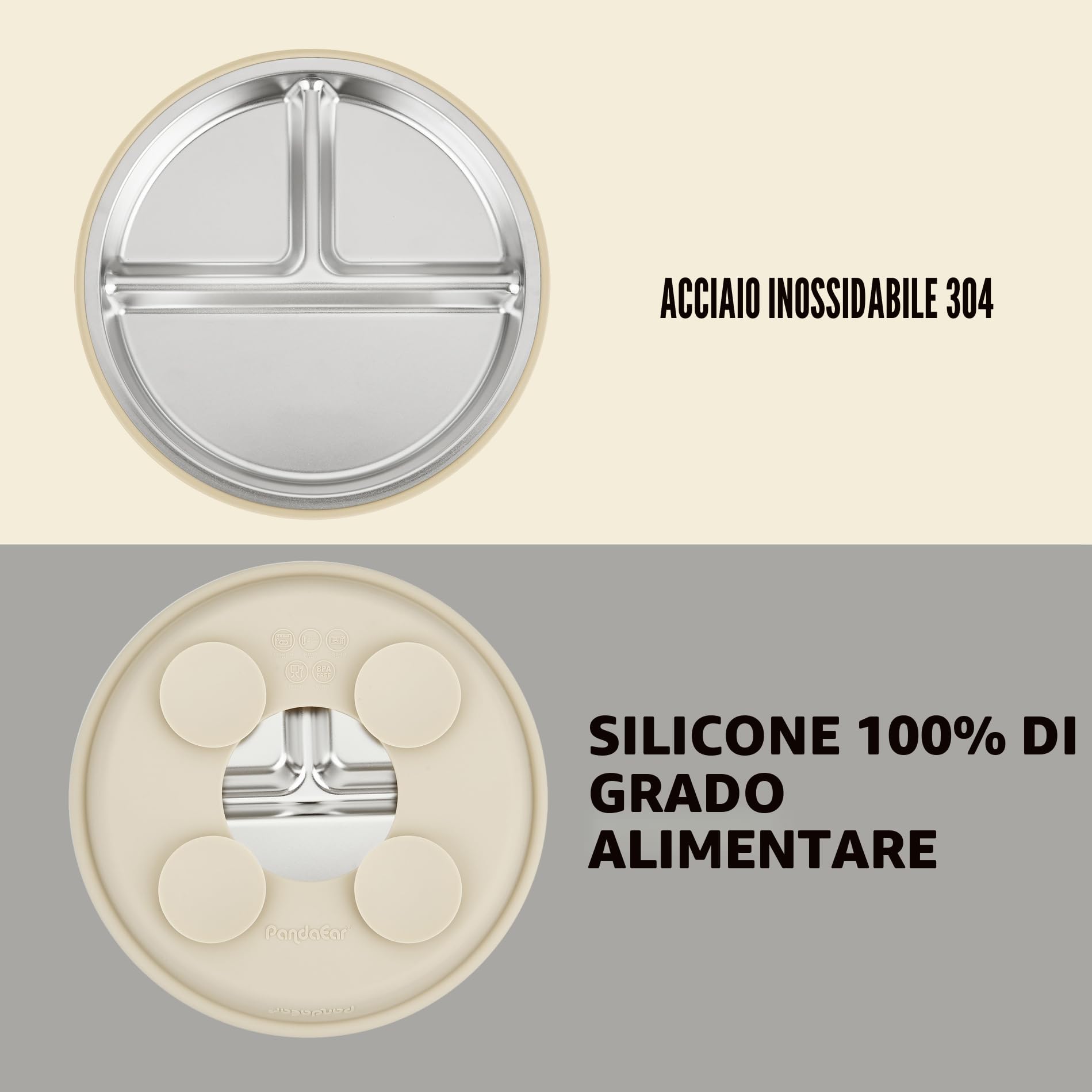 PandaEar Set da 2 Piatti in Acciaio Inossidabile con Ventosa per Neonati e Set da 2 Cucchiai e Forchette, Ustensili per Bambini, Piatti Divisi per Alimentazione Autonoma (Marrone chiaro/Noce)