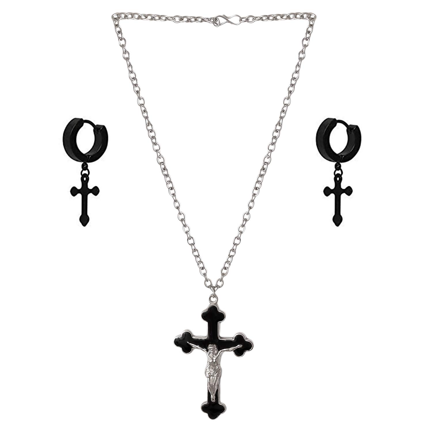 CZARDONIC Saint Praying Silver Stainless Steel Necklace with Jesus Cross Pendant | Stylish & Fancy Neckpiece for All Men & Women (Inky Black with Earring) (B08YJJ8ZVY) Amazon Price History, Amazon Price Tracker