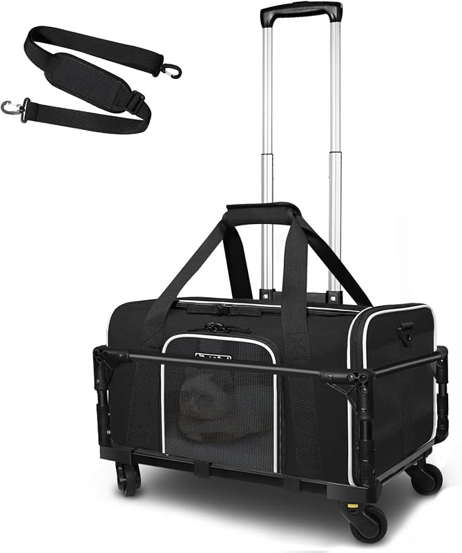 Small Pet Carrier 17"x12"x8.5" with Wheels Airline Approved, Black | for JetBlue/Frontier/Spirit Airlines, Lockable Safety Zippers and Anti-Scratch Mesh, Pets Under 8 lbs