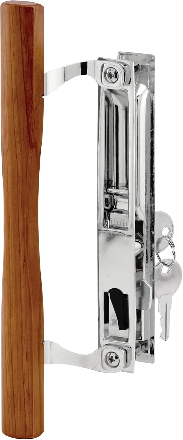 Prime-Line C 1149 Keyed Sliding Glass Door Handle Set – Replace Old or Damaged Door Handles Quickly – Wood & Chrome Plated Diecast, Hook Style, Flush Mount, Fits 6-5/8 in. Hole Spacing (1 Set)