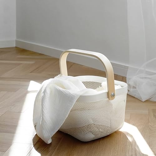 Miniatura 3 de Cesta organizadora de almacenamiento de acero de malla, cesta de frutas con mango de madera, ideal para cocina, baño, cestas de picnic, despensa,