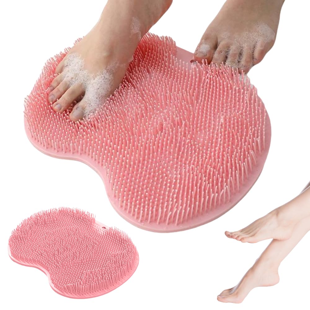 Shower Foot Scrubber Mat, 2025 New Foot Back Cleaning Pad Back Washer with Non-Slip Suction Cups, Wall Mounted Exfoliating Bath Wash Pad for Men and Women (Pink)