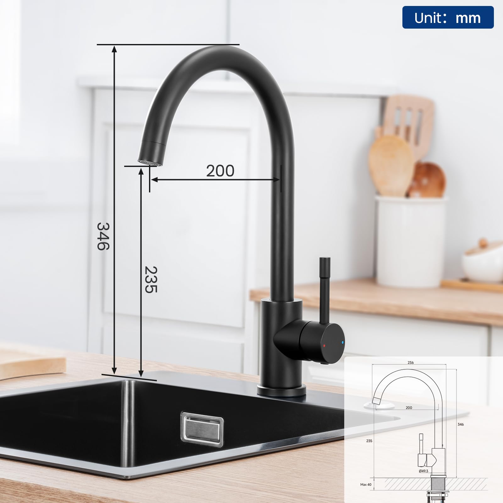 CECIPA Wasserhahn Küche Schwarz 360° Schwenkbar, Hochdruck Küchenarmatur Schwarz, Mischbatterie Küche mit Hohem Bogen, Einhebel Armatur, Spültischarmatur Edelstahl, G3/8 Anschluss Armatur | 360 Grad schwenkbar, hoher Bogen, Einhebelbedienung, G3/8 Anschlu