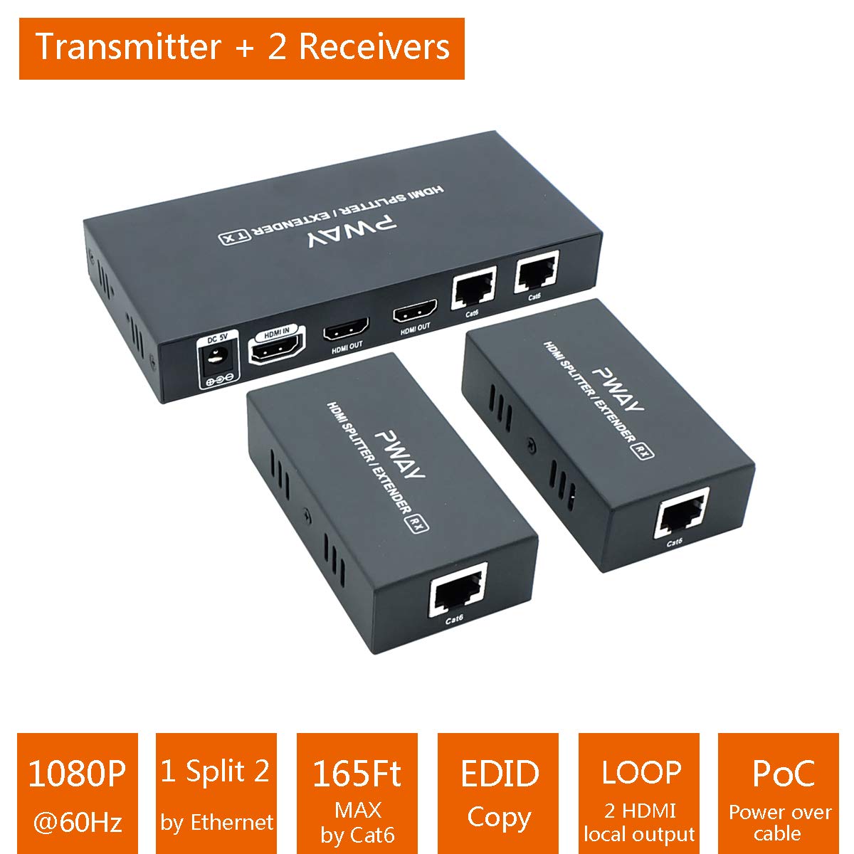 PW-HT226P2 HDMI Extender Splitter 2 Port Transfiere 165ft(50m) a Través de Cat6 Apoyo 1080P@60Hz EDID Copy