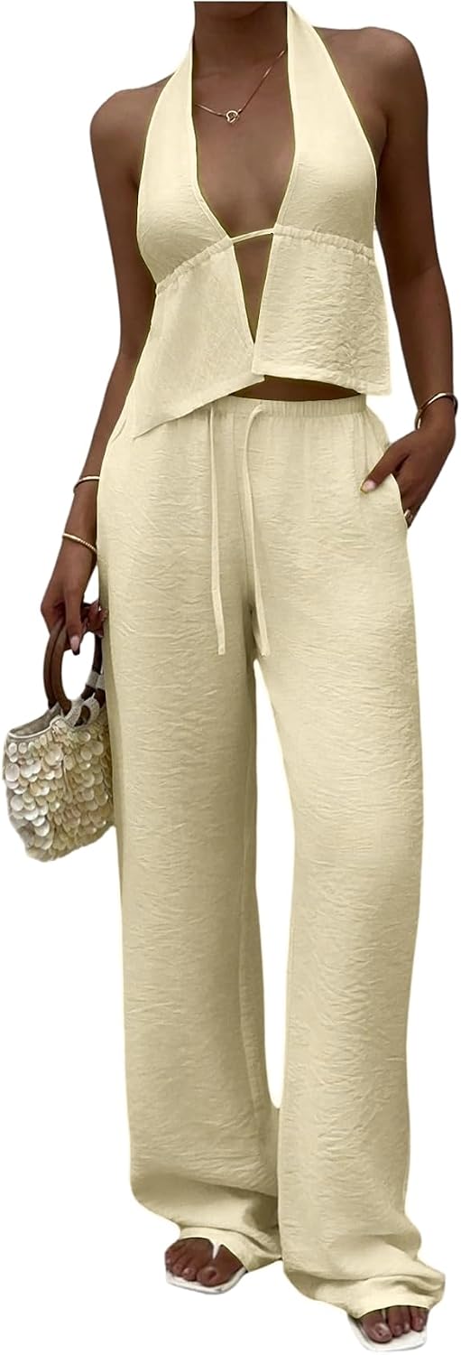 SHENHE Women's Linen Set 2 Piece Outfits Sexy Backless Halter Top Low Rise Palazzo Pants Set