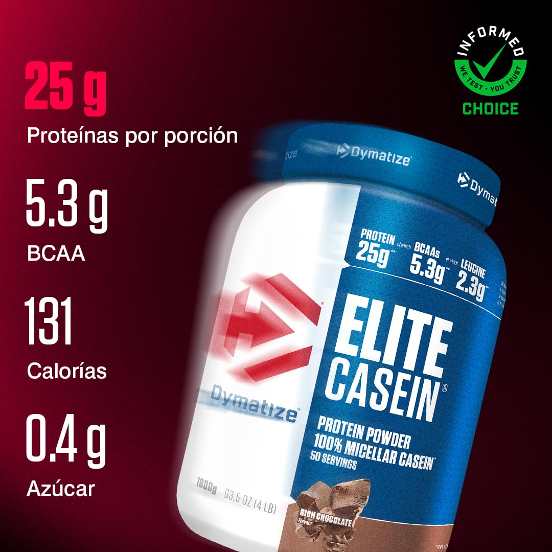 Dymatize Elite Proteína de Caseína en Polvo Sabor Chocolate Intenso 1800g – Caseína de Liberación Lenta con BCAAs