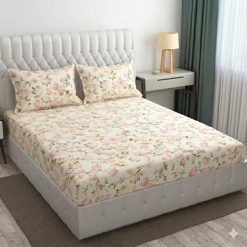 Image of Cotton Bolls Textiles Glace Cotton Fitted Bedsheet 72x72x6 Inch with 2 Pillow Covers - Soft Breathable Fabric, Elastic All Around, Printed Bedding for Double Bed