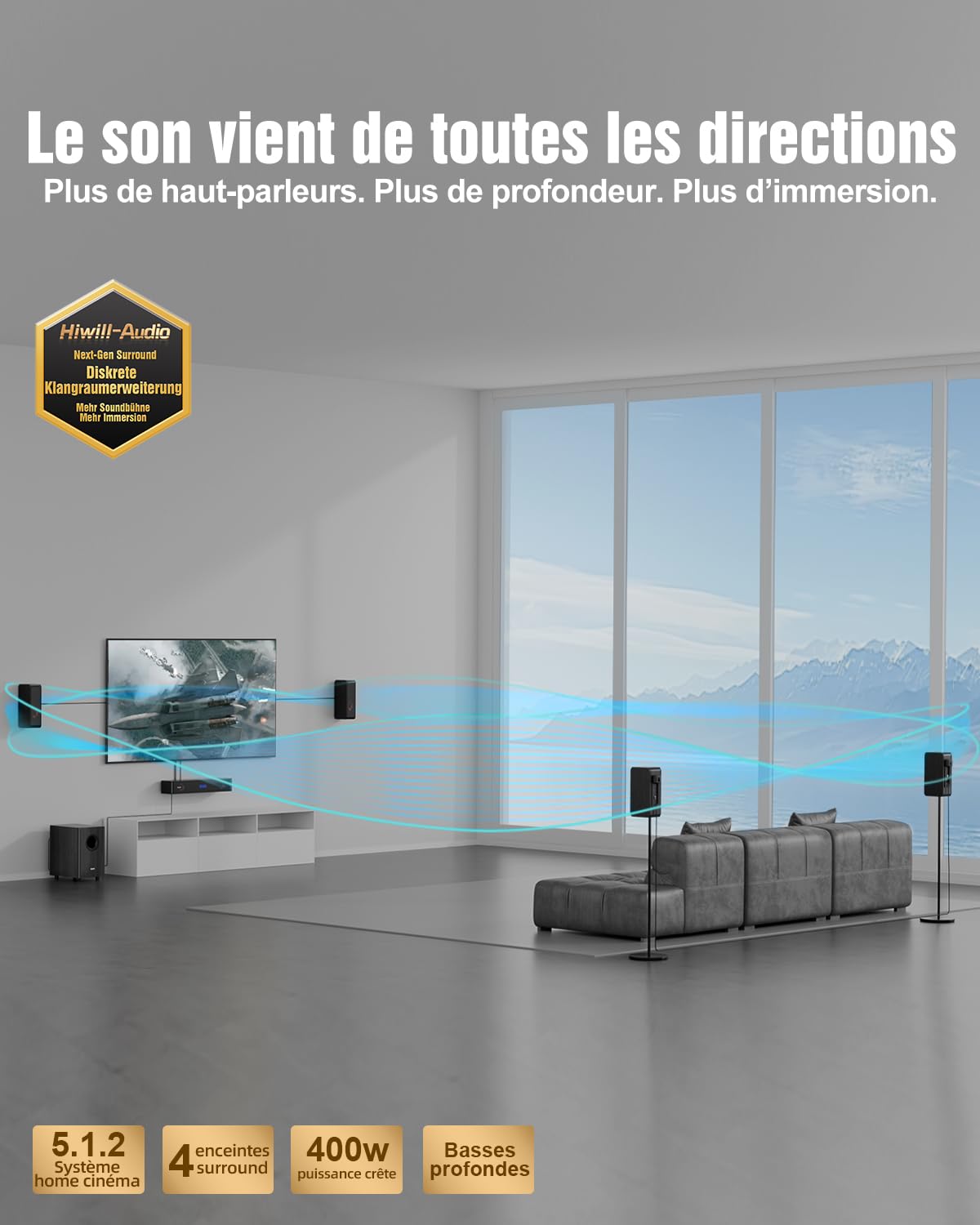 5.1.2CH Barre de Son TV, 4 Haut-Parleurs Surround Virtuels, 400 W de Puissance crête, Home Cinema Enceintes pour Téléviseur, Caisson de Basses, Arc/Optique/BT 5.3/AUX/USB, HiPulse N512