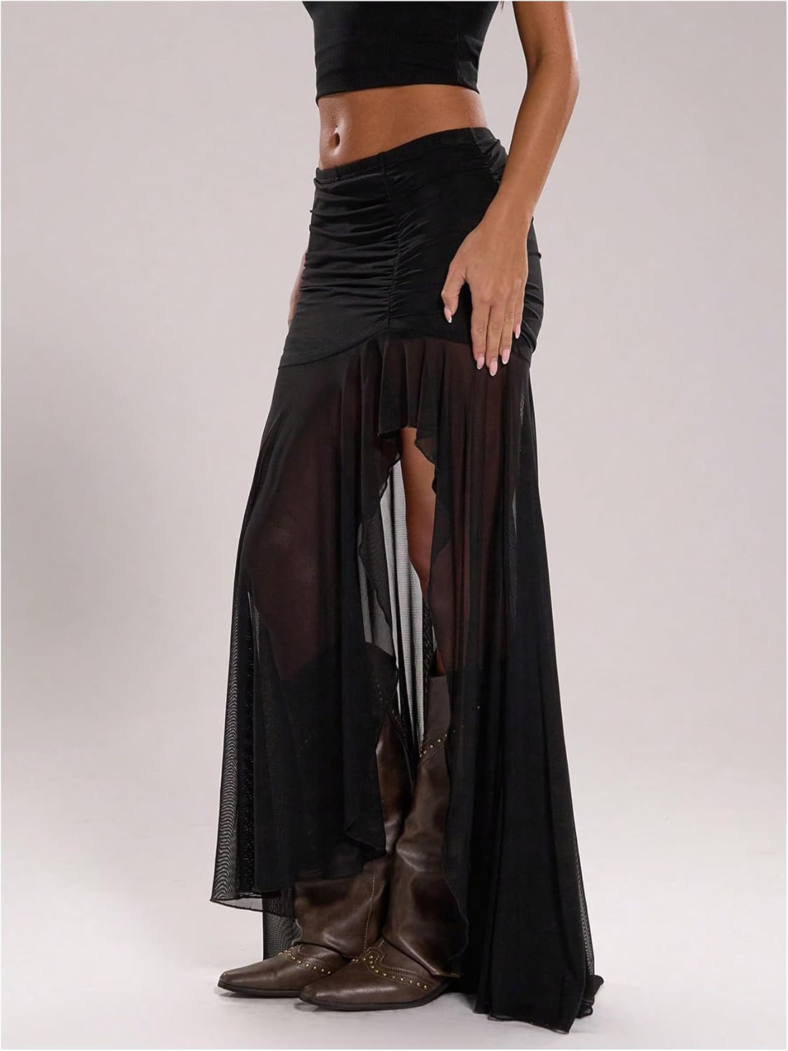 Verdusa Women's Western Sheer Mesh Pleated Maxi Skirt Split Thigh Asymmetrical Bodycon Long Skirts - Image 3