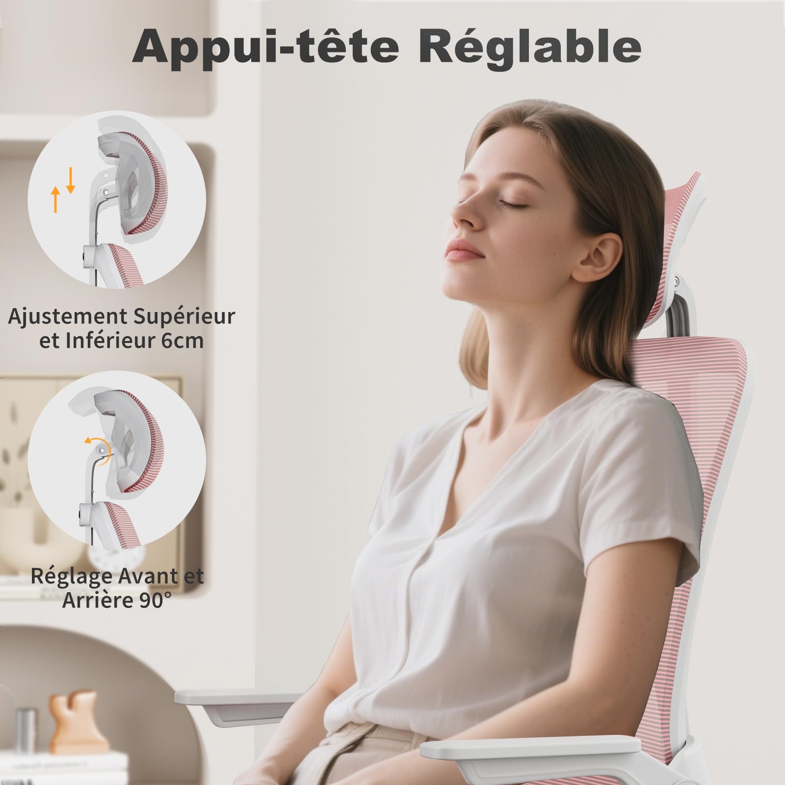 naspaluro Chaise de Bureau Ergonomique avec Accoudoirs Rabattables à 90° (avec Appui-tête, Rose)