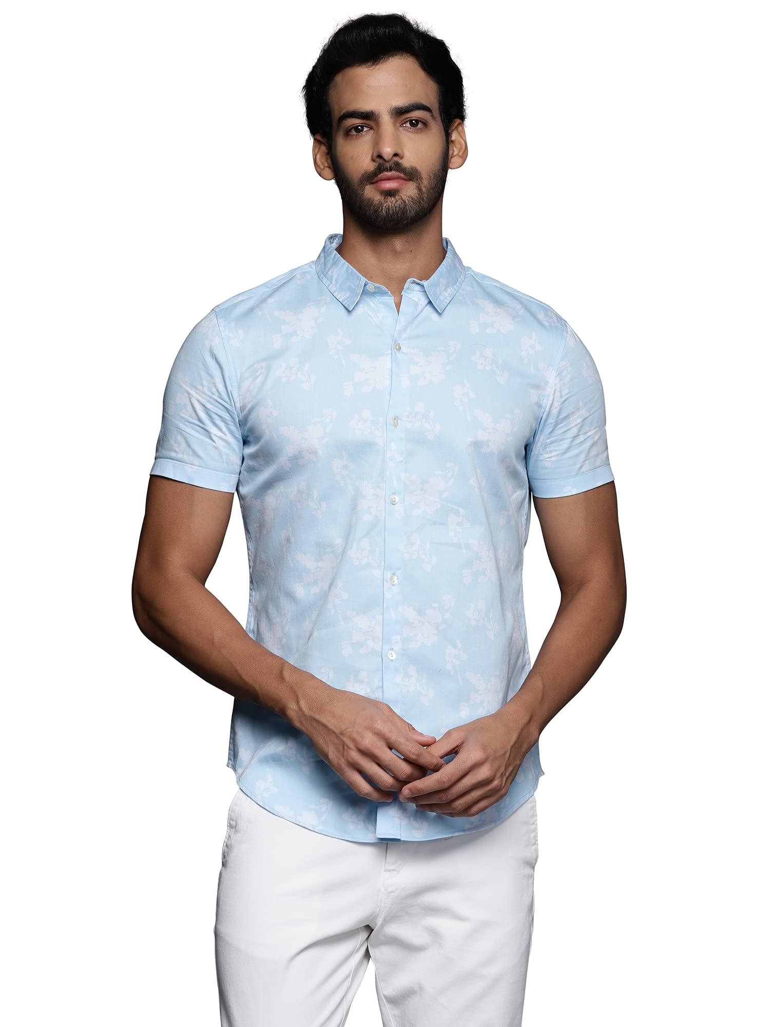 Indo Era Men's Liva Floral Printed Curved Shirt (MSH0BL1096XL_Blue and White_XL-Size) in white