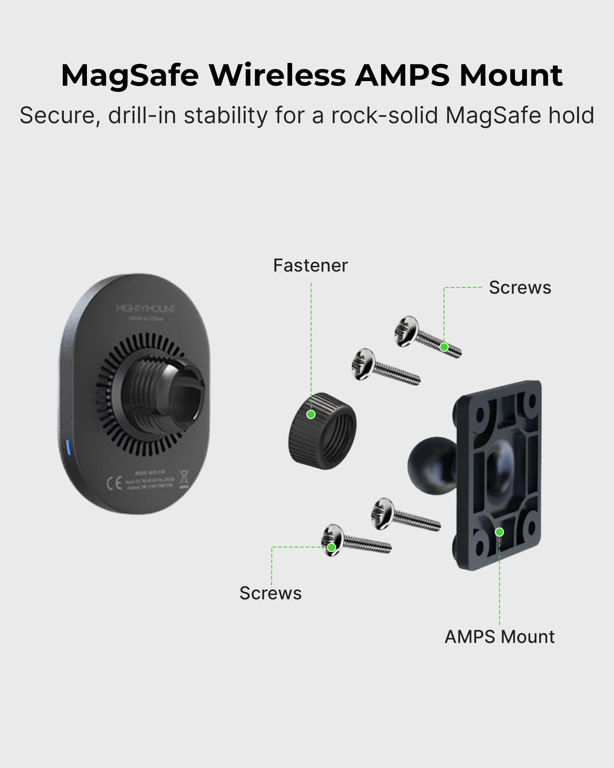 Magsafe - Soporte magnético inalámbrico para Cargador de Coche, Carga rápida, imanes N52 Fuertes, visión Ajustable, instalación Segura, Adhesivo VHB y Placa de Montaje AMPS con Base de
