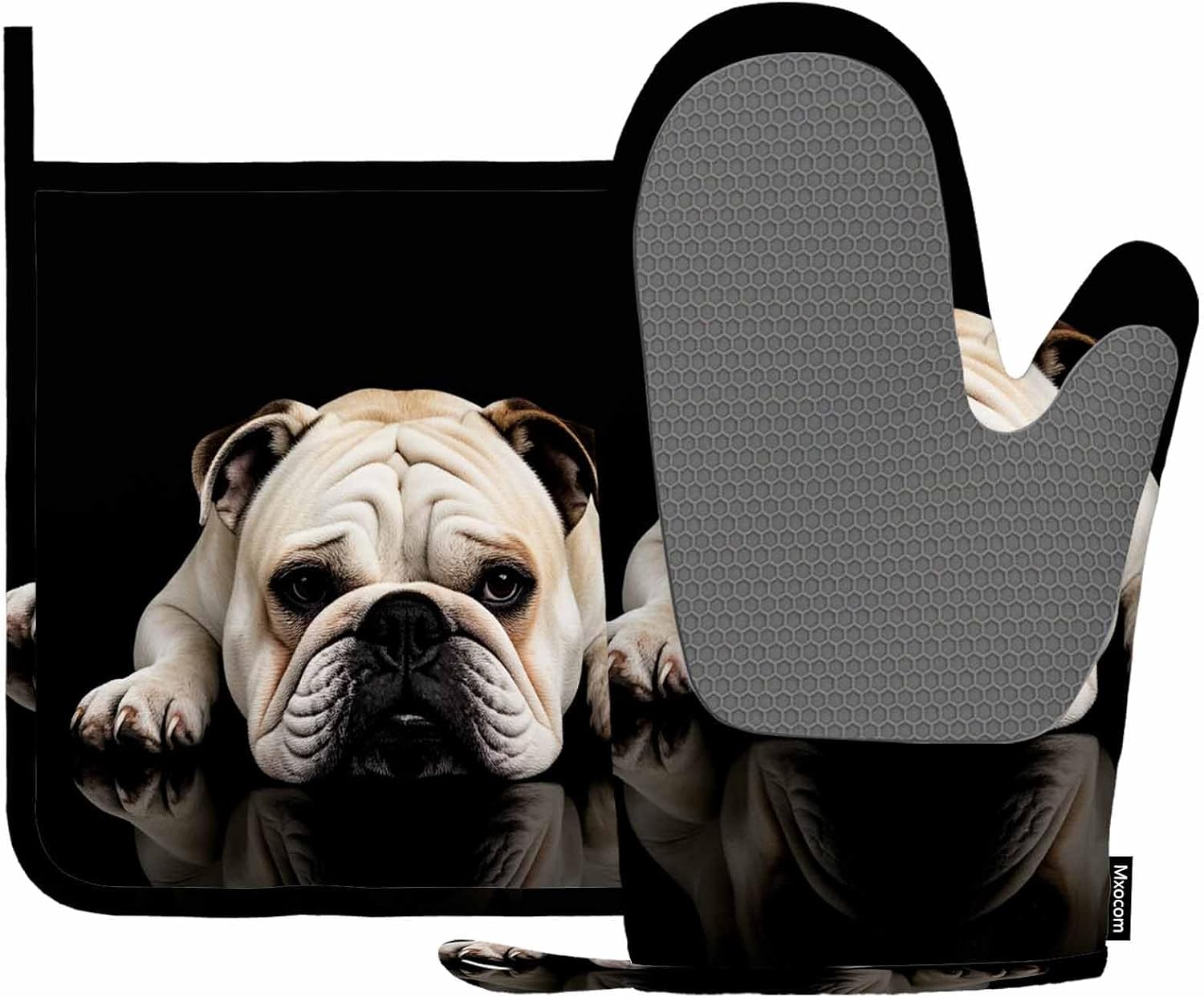 Mxocom Funny Dog Bulldog Oven Mitts and Pot Holders Sets Silicone Heat Resistant Kitchen Oven Gloves Pot Holder for Cooking
