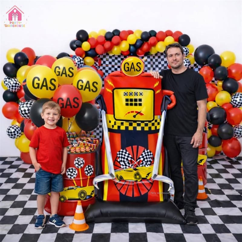 Image of Party Warehouse Racing Car Theme Birthday Decoration Set-XXL Gas Standee Pump Balloon,Car,Traffic Signal,Tyre,Checkered Flag & Cone Foil Balloon|Car Theme Party|Boys Birthday Racing Party Decor-37 Pcs