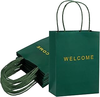 driew Welcome Gift Bags 50 Pack, Welcome Gift Bags 5.9 x 3.1 x 8.3' Dark Green Paper Bags with Handles White Gift Bags for Retail, Wedding,Party, Shopping