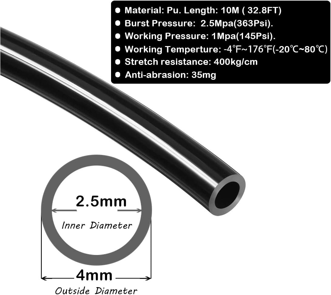 Beduan 4mm x 2.5mm Black Pneumatic Tubing Pipe PU Polyurethane Air Compressor Tubing Hose Pipe Line Fluid Transfer 32.8ft 10 Meter - - 