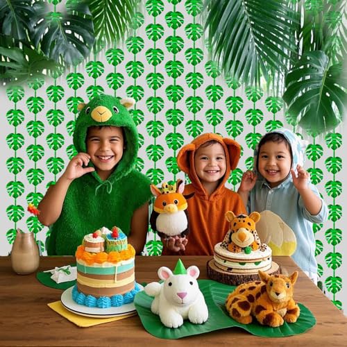 Image of 2 Packs Jungle Leaf Foil Fringe Curtain, Green Glitter Tropical Palm Leaves Metallic Tinsel Backdrop for Safari Birthday, Baby Shower, Hawaiian Aloha Luau Party Decorations Supplies
