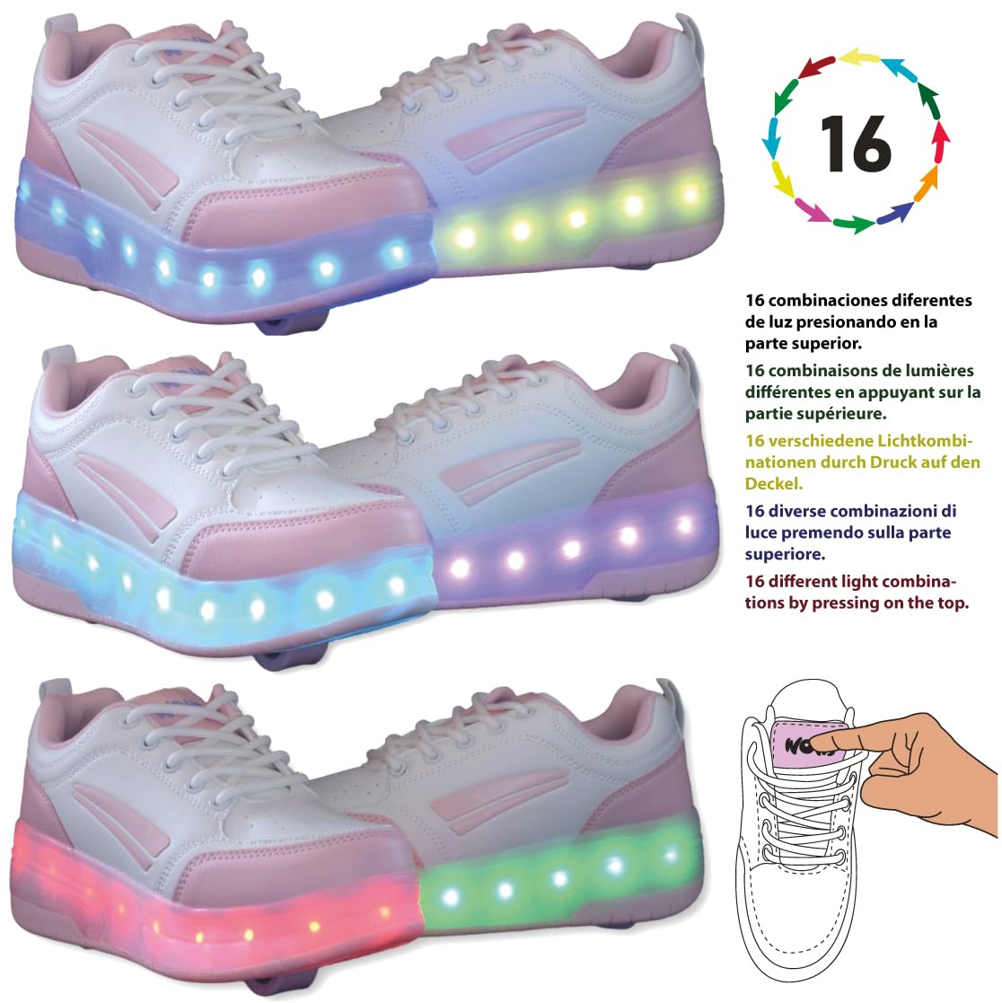 Zapatillas Deportivas con Dos Ruedas y Luces LED. Recargables, 16 Efectos de Luces. Rueda Trasera automática. Blanco/Rosa pálido. Talla 34