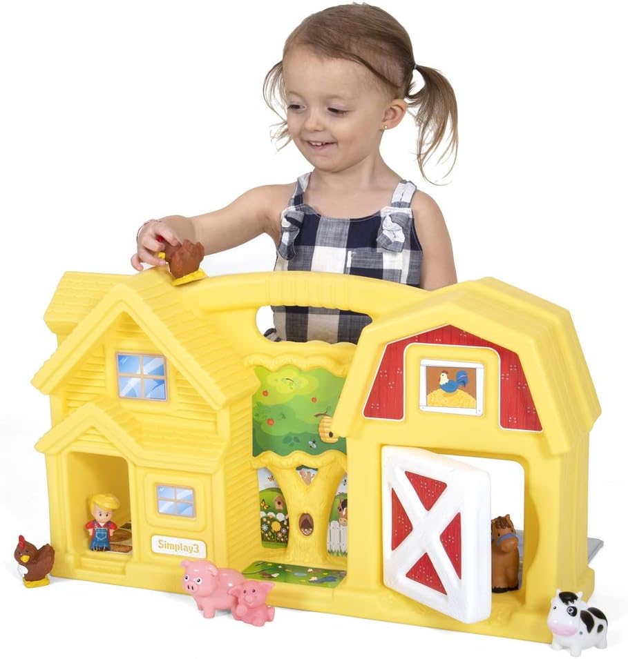 Simplay3 Carry & Go Farm, Portable Durable Toy Farm House and Barn with 4 Rooms and Pasture for Boys and Girls 18 Months to 6 Years (25.1" L x 14.4" H x 6.6" W) - Yellow, Made in USA