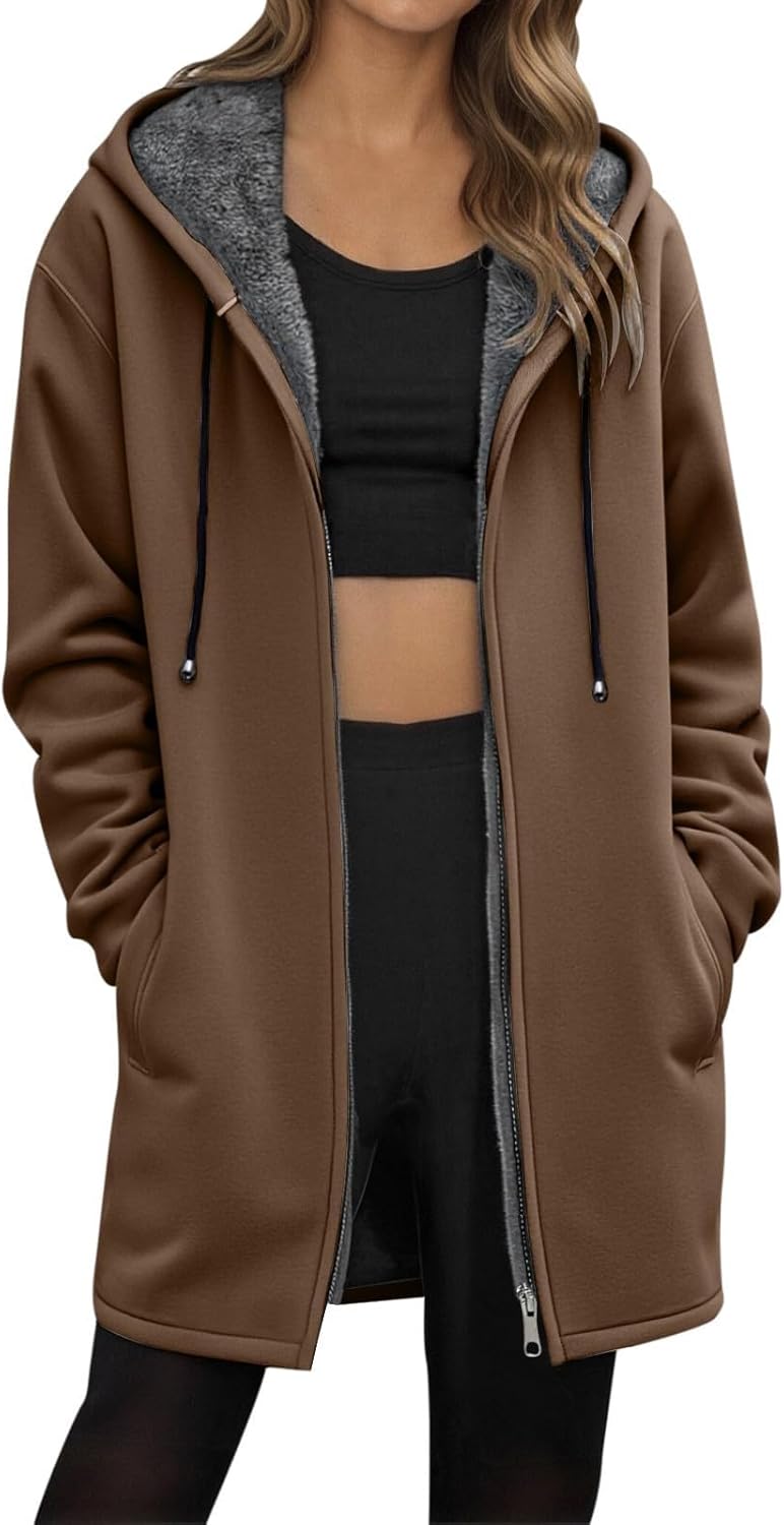 GOKKILRW Womens Fleece Lined Sweatshirts Jacket Zip Up Long Sleeve Fall Winter Soft Warm Hoodie Coat Long Hoodies Outerwear