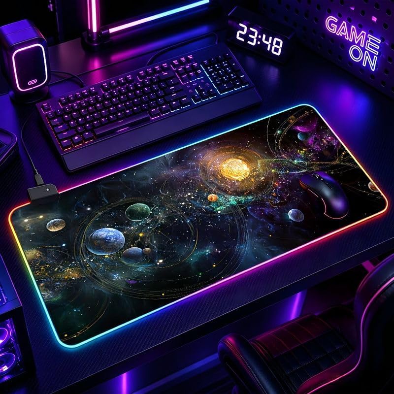 Galaxy Space Extra Large Gaming Desk Mat Keyboard Pad RGB Mouse Pad Ultra Thick Non-Slip Large Size RGB Gaming Desk Setup for PC/Laptop - 14 Lighting Modes Touch Control Keyboard and Mouse Pad with image 2