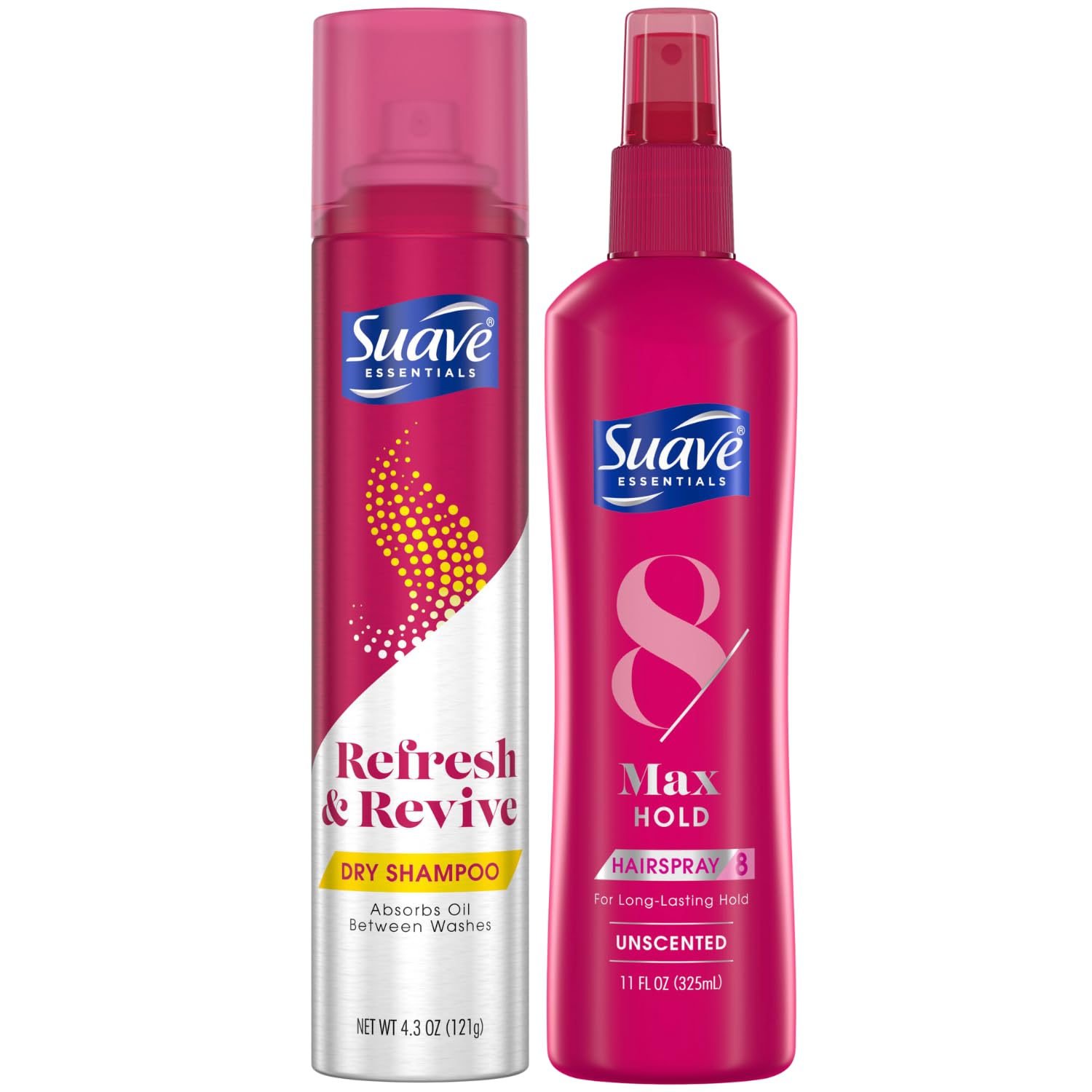 SuaveEssentials Hair Care Bundle – Refresh & Revive Dry Shampoo, Scented + Max Hold Hairspray, Non-Aerosol, Unscented (2 Piece Set)