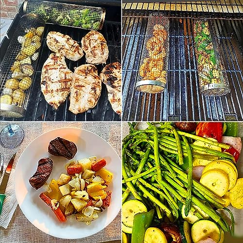 Sbmkk Rolling Grill Baskets For Outdoor Grill, Round Bbq Grilling Baskets For Veggies, Bbq Net Tube Barbeque Vegetable Grill Accessories, Cage Cylinder For Fish, 2 Pack (Two Large) #TOP1