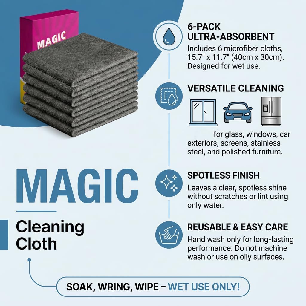 Genie Cloth Magic Cloth, Genie Magic Cleaning Cloth 6 Pack for Glass