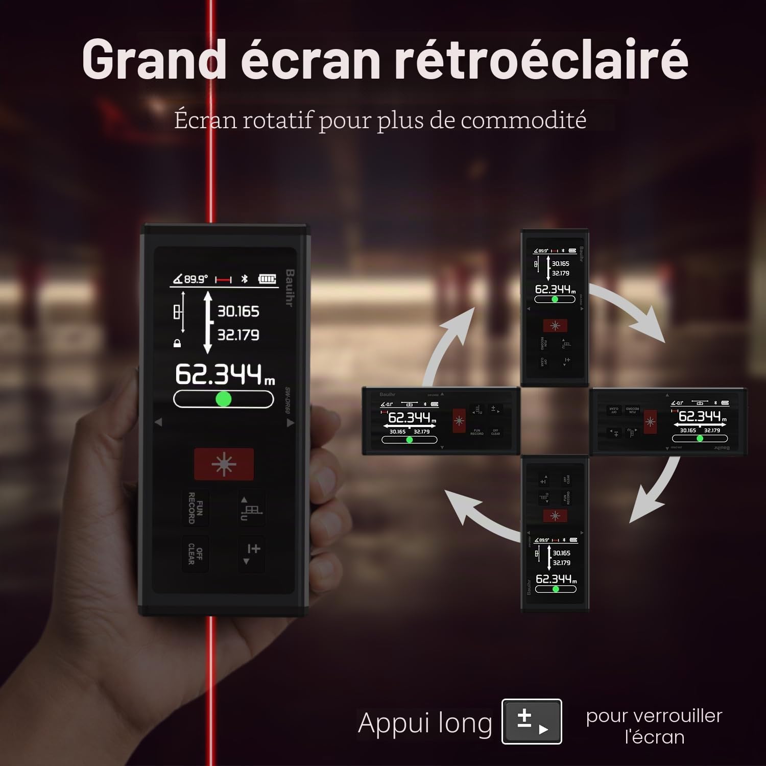 Télémètre Laser Bilatéral, Bauihr 393ft/120M Rechargeable Mesure Laser avec écran LCD Rétro-éclairé, Capteur d'angle Mesurede Unités Commutables,Pythagore, Mesure Surface et Le Volume