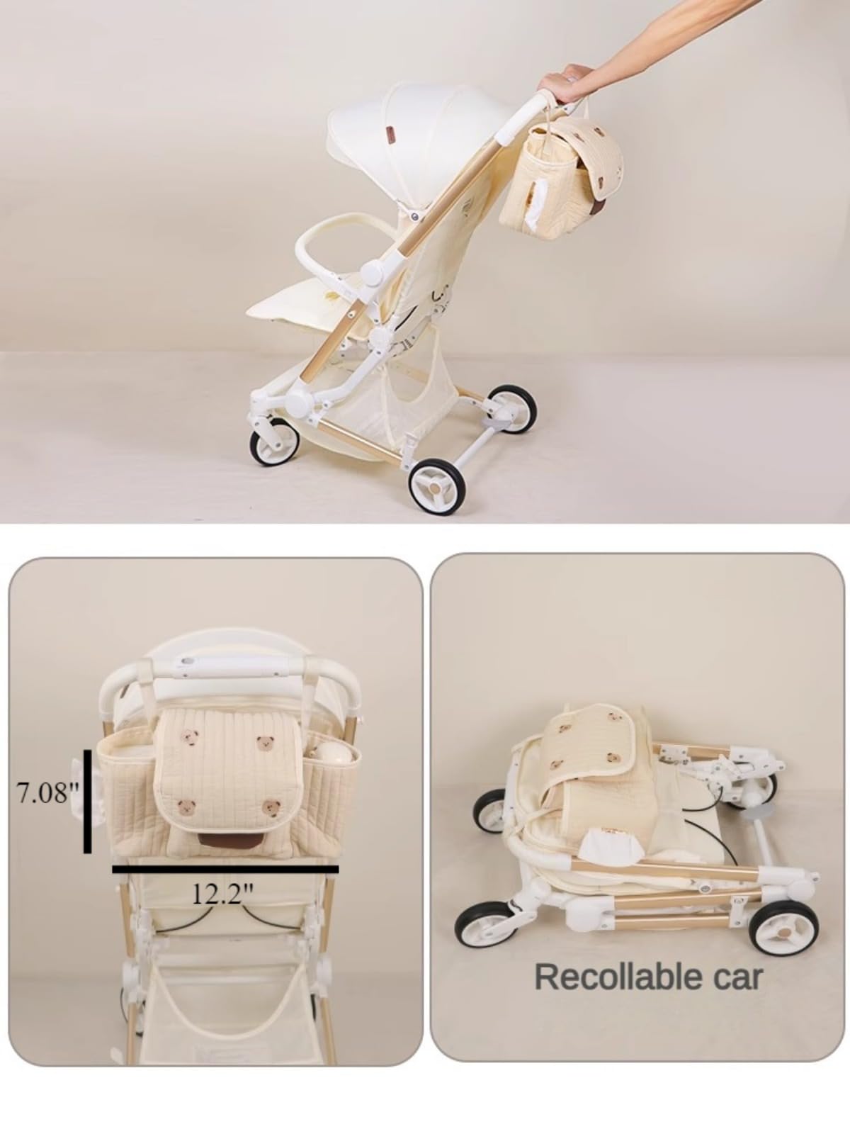Organizer carino per passeggino con carta asciutta e bagnata, borsa portaoggetti per carrello, multifunzionale, di grande capacità, borsa da appendere, beige