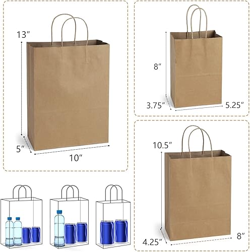 Miniatura 2 de Bolsas de papel kraft marrón con asas de 5 x 3 x 8 y 8 x 4 x 10 y 10 x 5 x 13 pulgadas, 30 unidades, bolsas de regalo, bolsas de compras, bolsas de