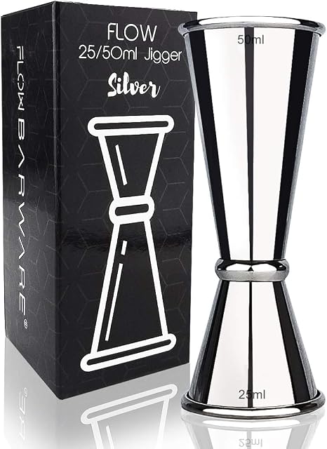 FLOW Barware Jigger 4-in-1 Shot Measure 25ml 50ml 15ml 35ml in One Cocktail Jigger & Alcohol Measure | Spirit Measures 25ml 50ml | Drinks Measures for Spirits | Silver