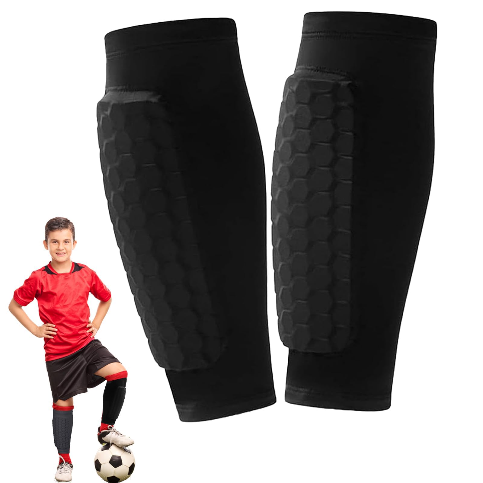 Zimocepuz Children's Shin Guards Football, Black Lightweight Calf Compression Sleeves with Honeycomb Padding, Protective Football Gear for Kids Aged 3–15